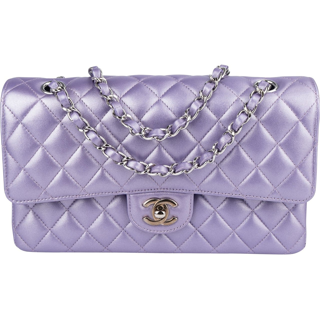 Chanel Quilted Metallic Lambskin Medium Double Flap Crossbody Bag Paars