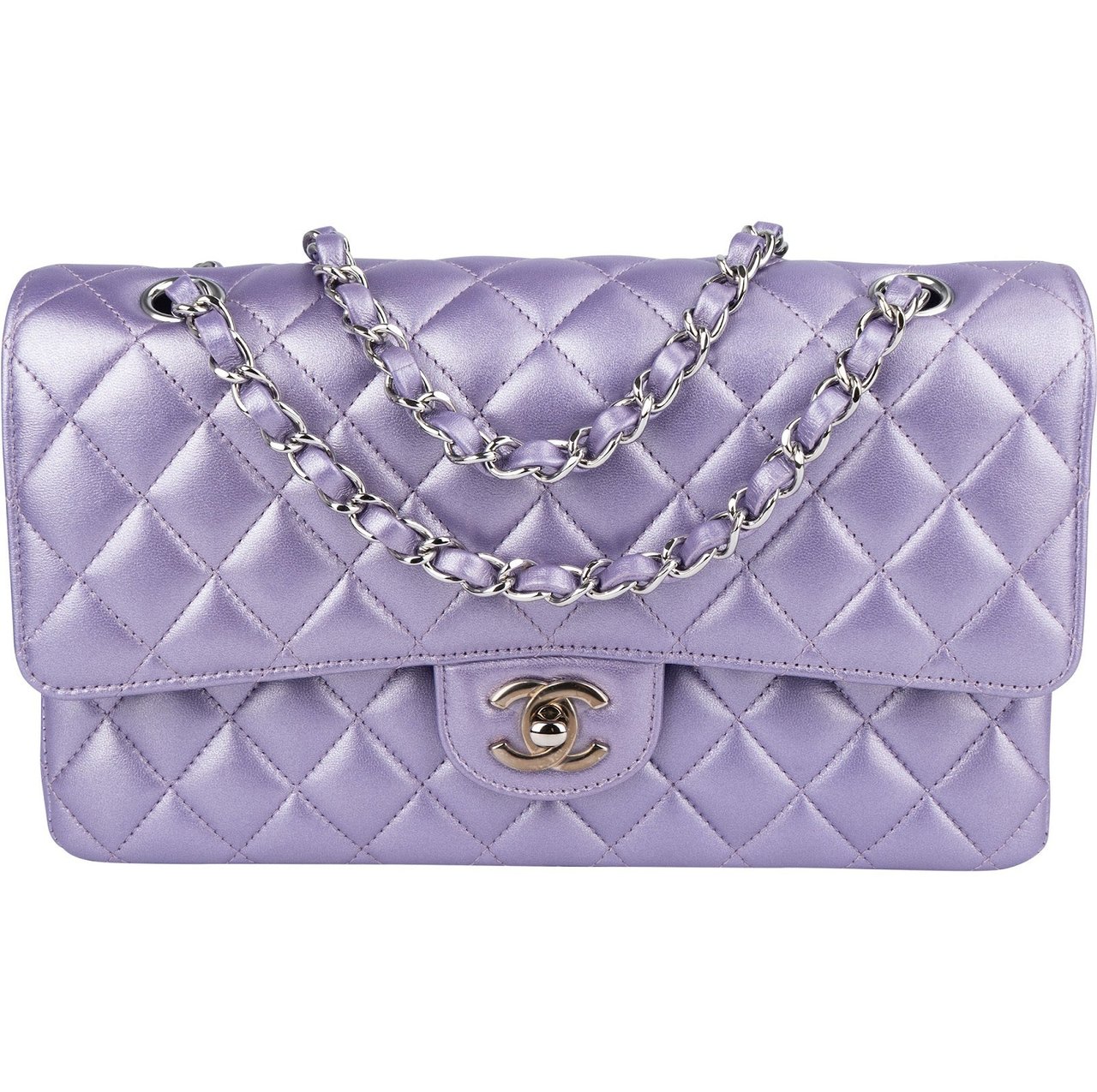 Chanel Quilted Metallic Lambskin Medium Double Flap Crossbody Bag Paars