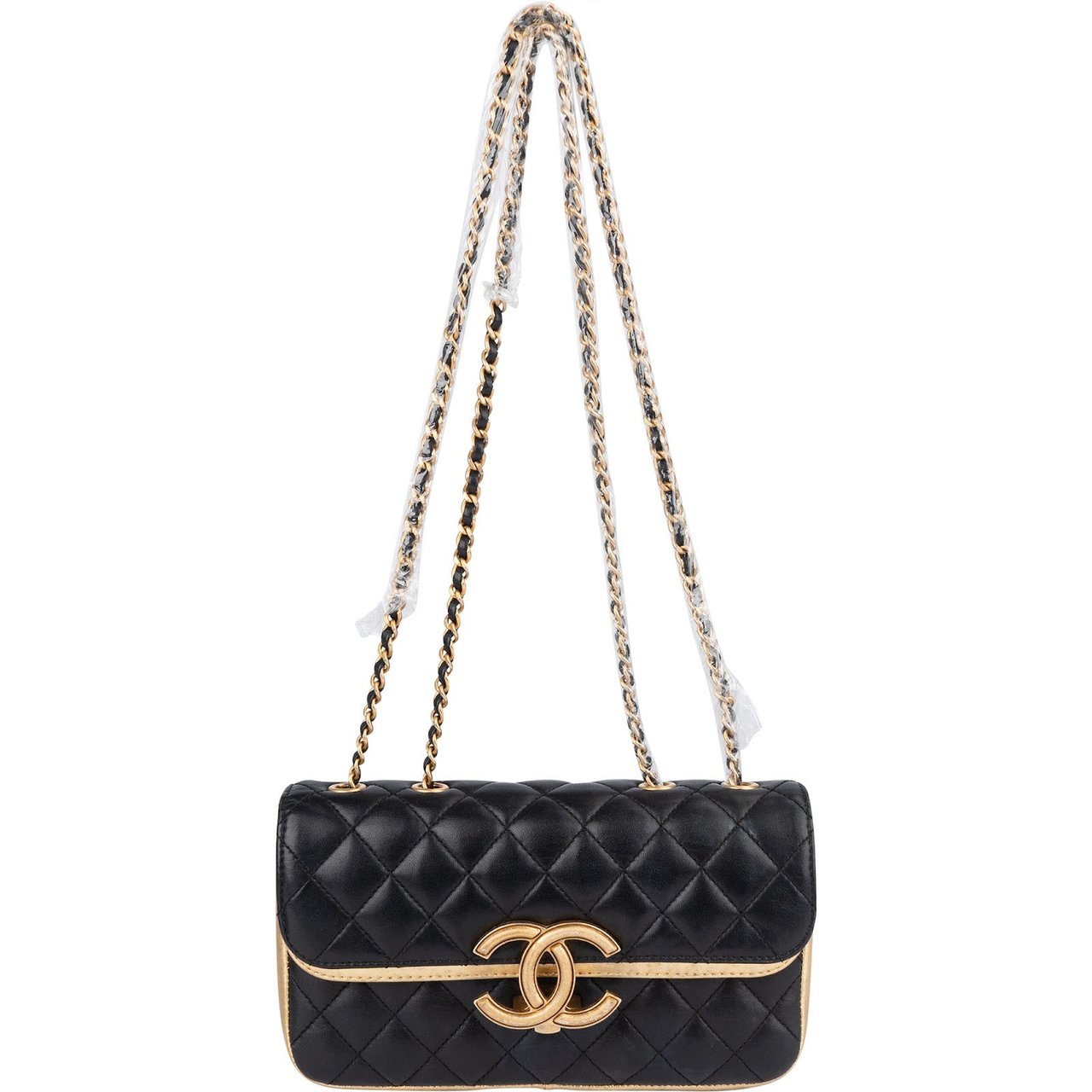 Chanel Quilted Lambskin and Metallic Leather Double Flap Crossbody Bag Zwart