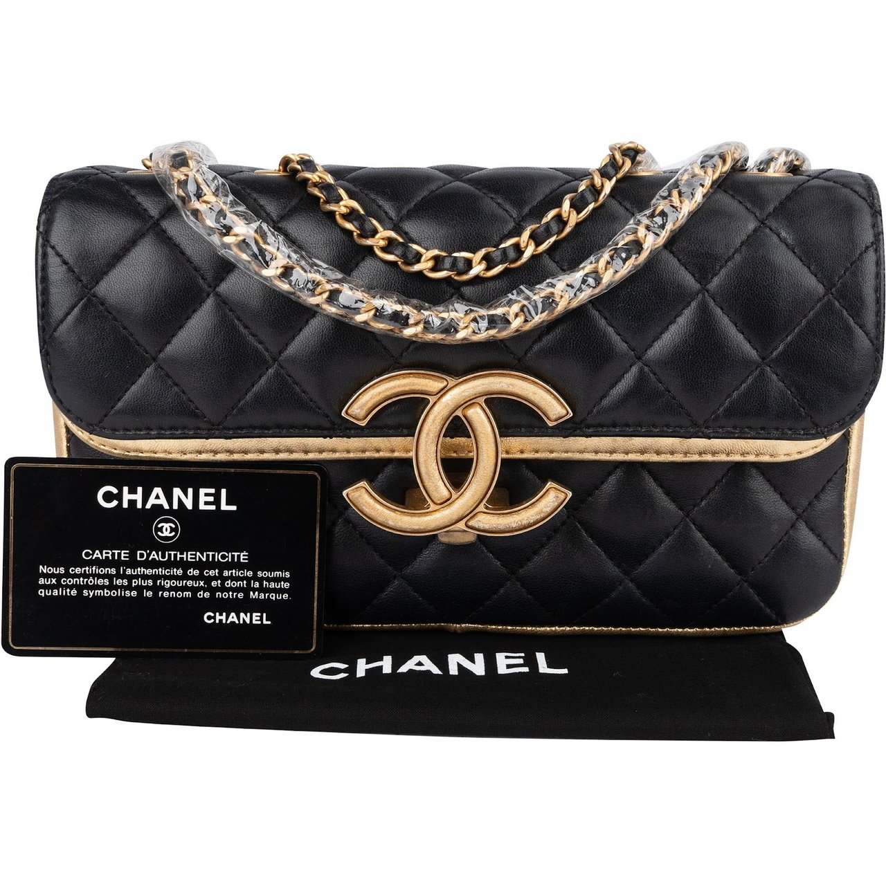 Chanel Quilted Lambskin and Metallic Leather Double Flap Crossbody Bag Zwart