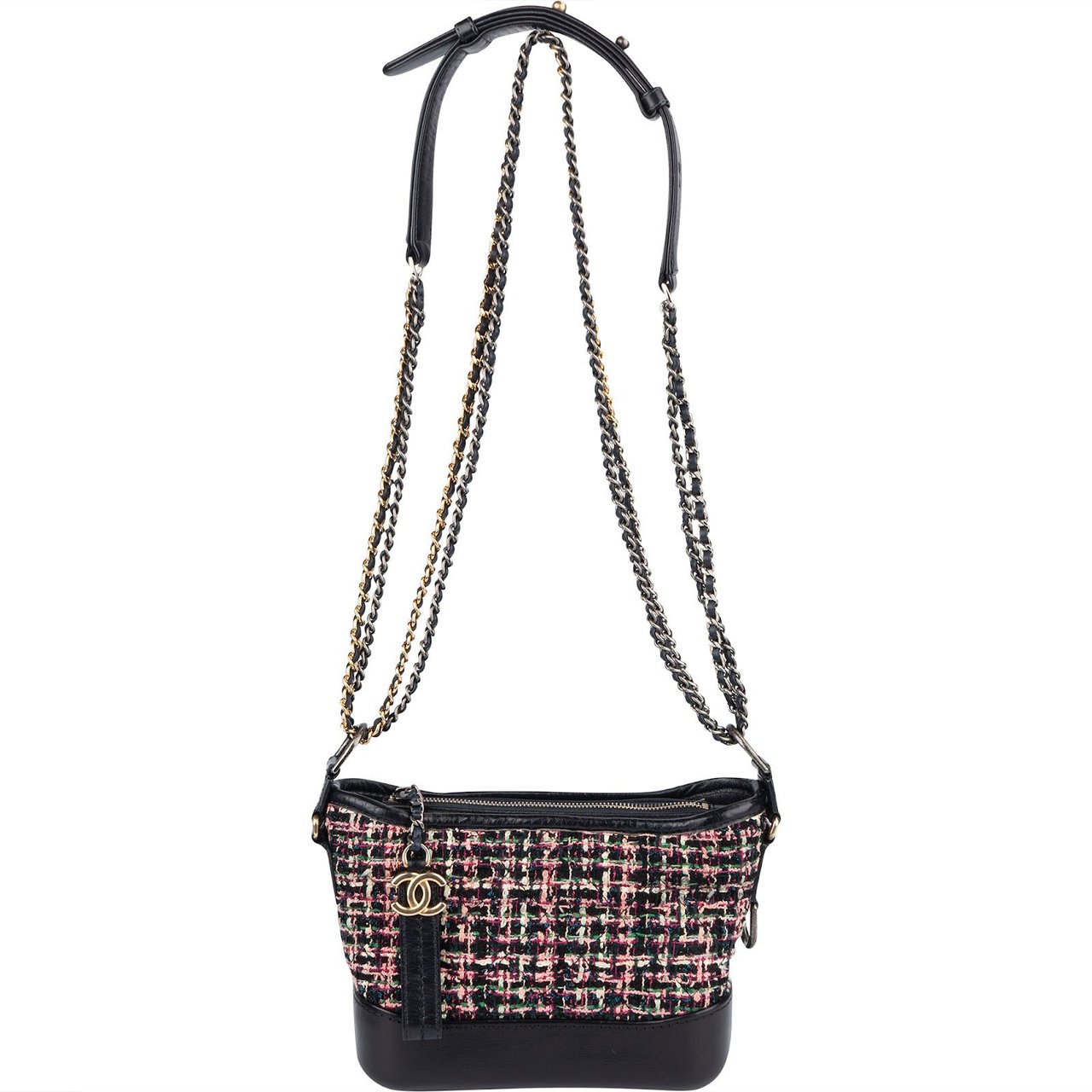 Chanel Tweed Leather Gabrielle Bicolor Chain Small Crossbody Bag Zwart