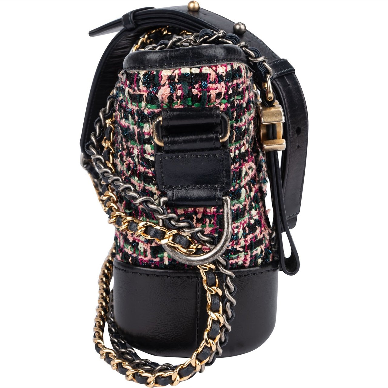 Chanel Tweed Leather Gabrielle Bicolor Chain Small Crossbody Bag Zwart