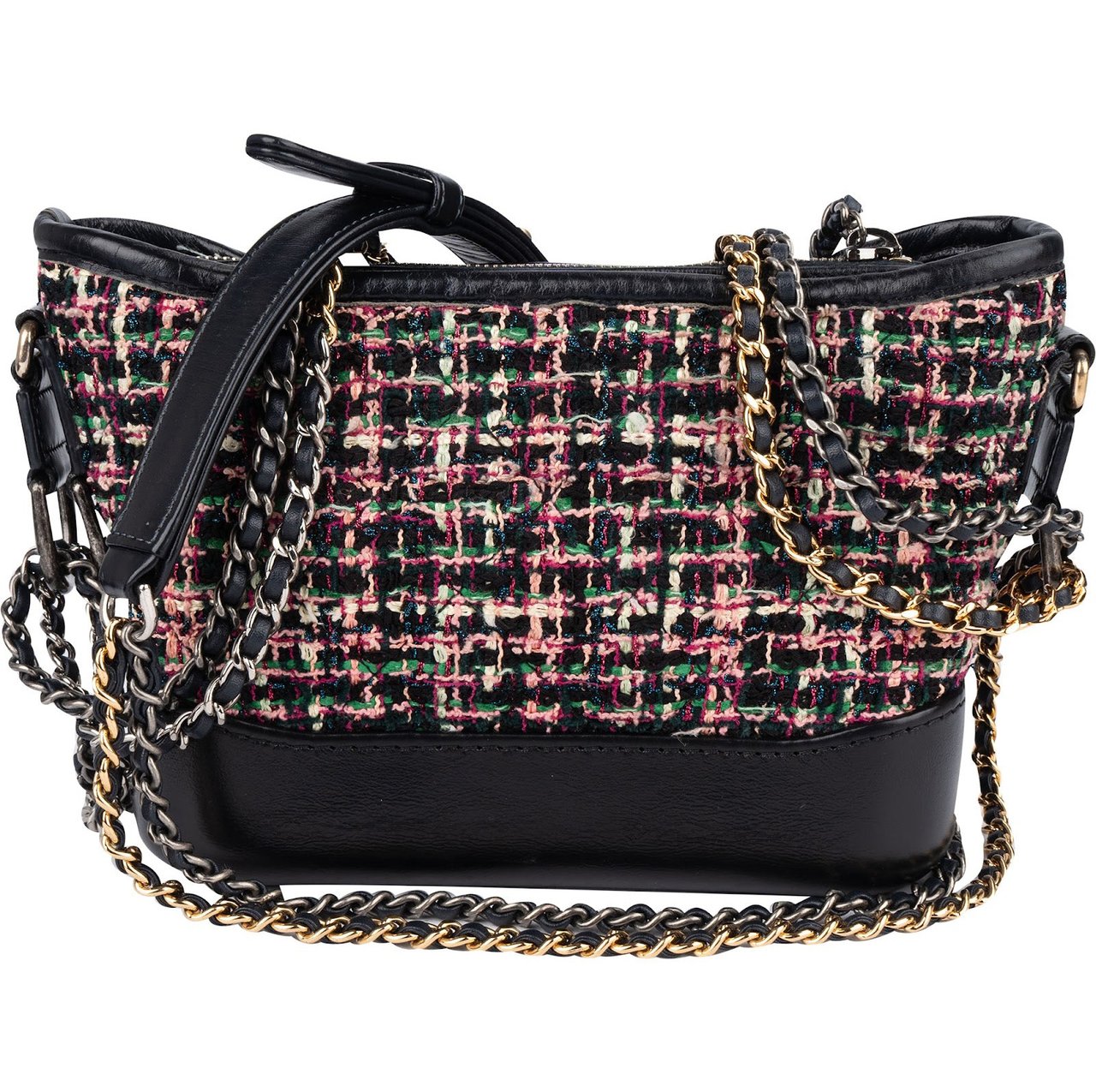 Chanel Tweed Leather Gabrielle Bicolor Chain Small Crossbody Bag Zwart