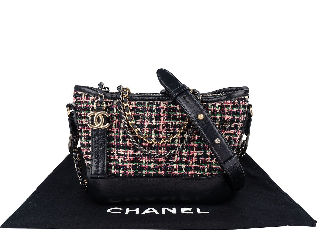 Chanel Tweed Leather Gabrielle Bicolor Chain Small Crossbody Bag Zwart