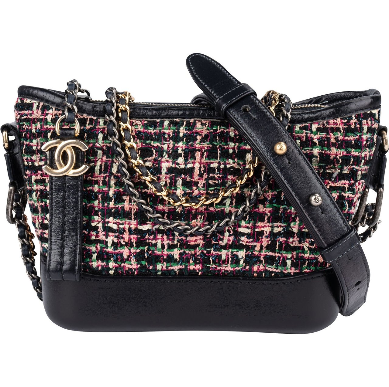 Chanel Tweed Leather Gabrielle Bicolor Chain Small Crossbody Bag Zwart