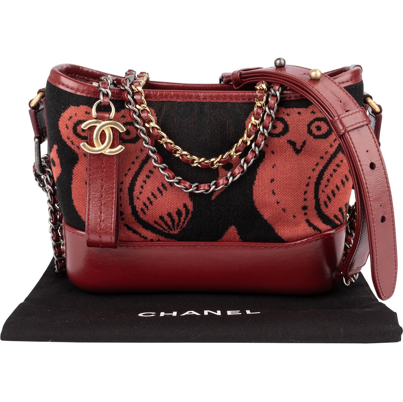 Chanel Chanel Owl Motif Wool & Calfskin Gabrielle Bicolor Chain Small Crossbody Bag Rood