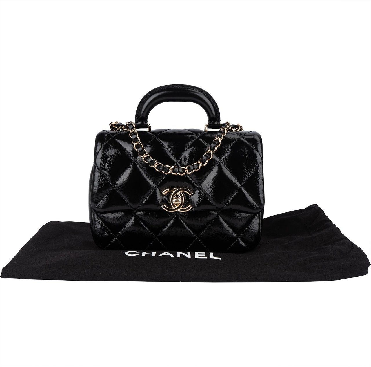 Chanel Quilted Patent Calfskin Coco Handle Single Flap Crossbody Bag Zwart