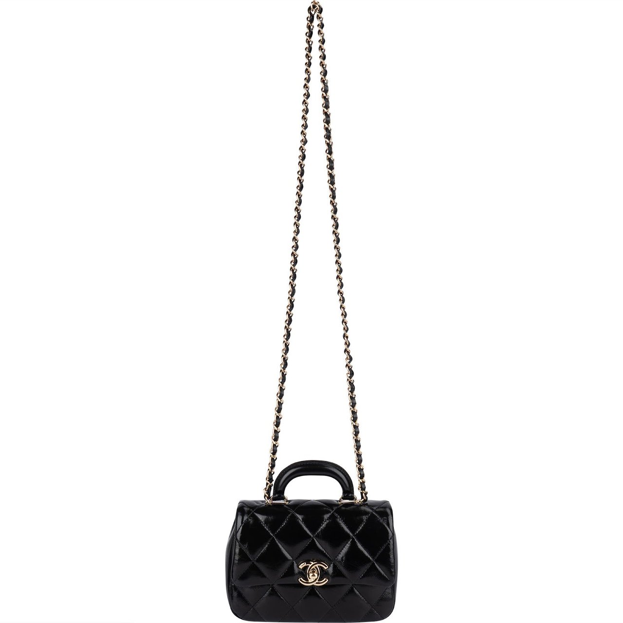 Chanel Quilted Patent Calfskin Coco Handle Single Flap Crossbody Bag Zwart