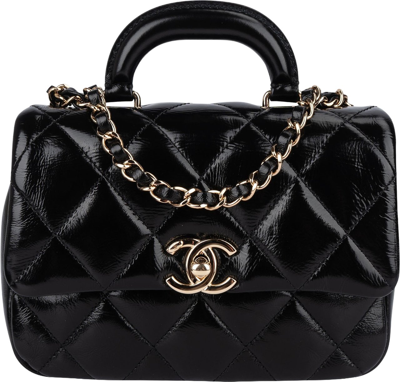 Chanel Quilted Patent Calfskin Coco Handle Single Flap Crossbody Bag Zwart