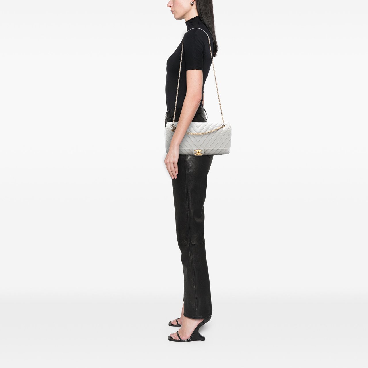 Chanel Jumbo Chevron Calfskin Surpique Flap Wit