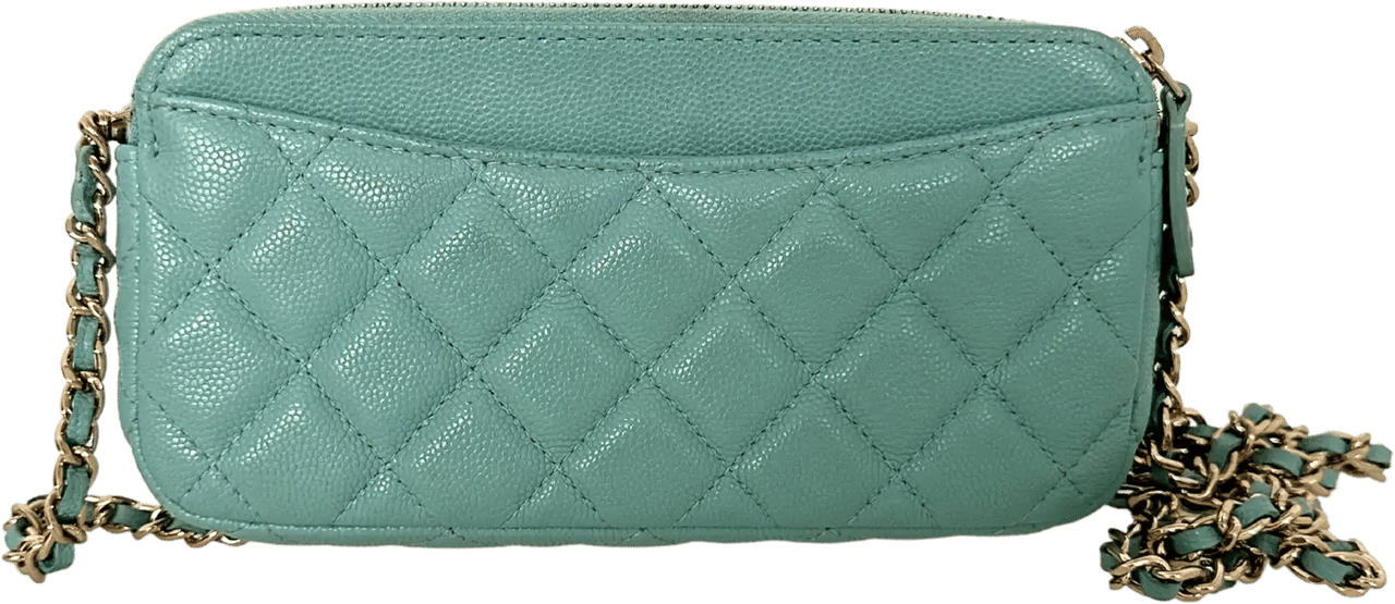 Chanel Chanel Double Zip Wallet on Chain turquoise caviar leather 2020 / very good Groen