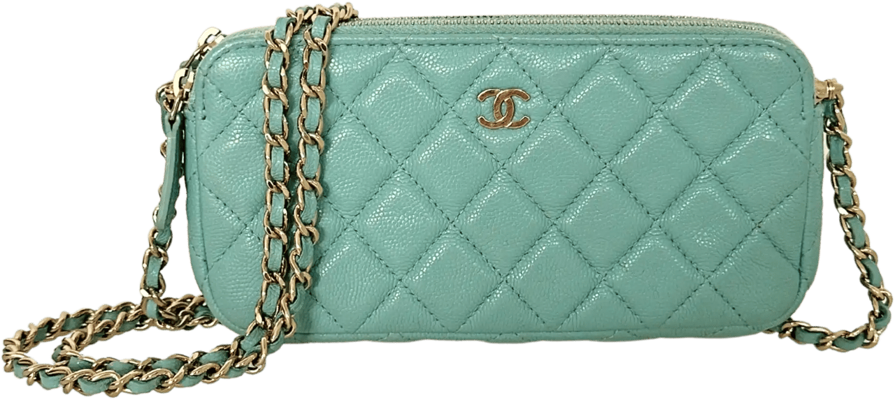 Chanel Chanel Double Zip Wallet on Chain turquoise caviar leather 2020 / very good Groen