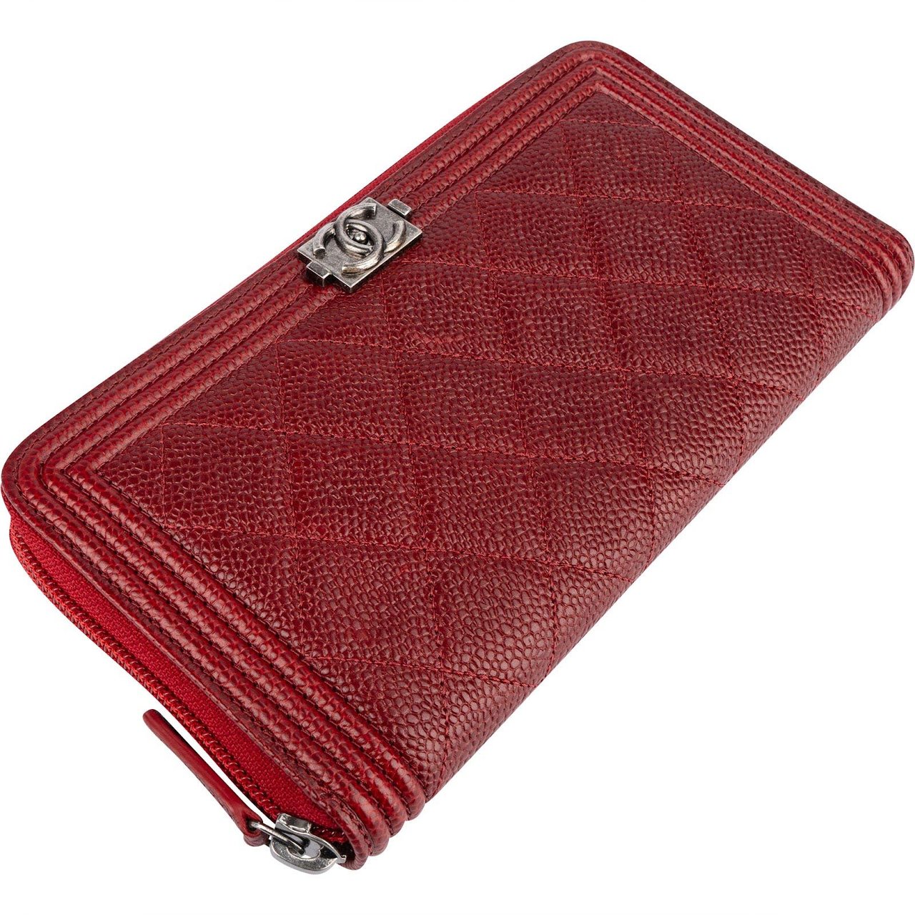 Chanel Chanel Caviar Leather Quilted Small Boy Zip Around Wallet Rood
