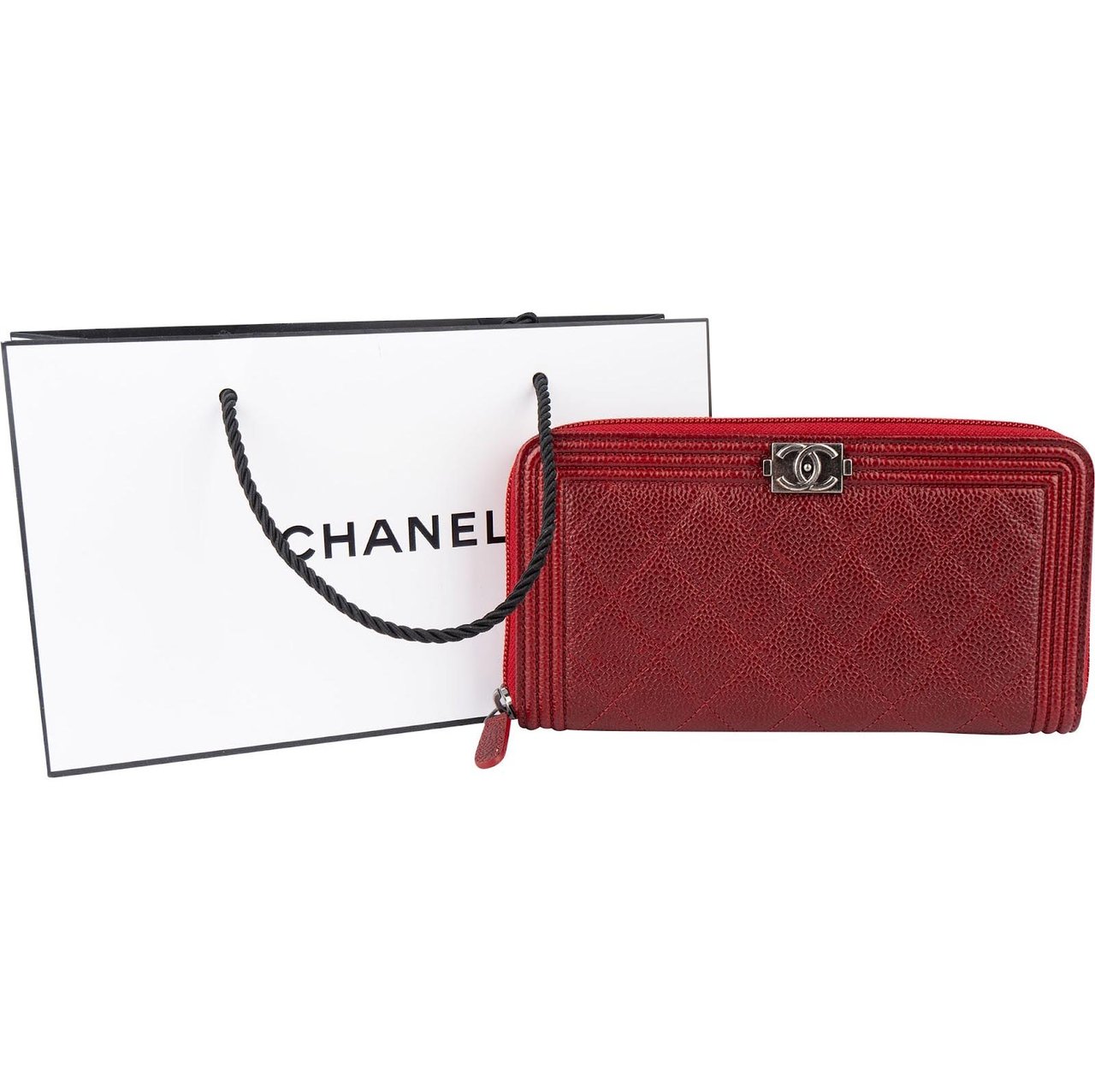 Chanel Chanel Caviar Leather Quilted Small Boy Zip Around Wallet Rood