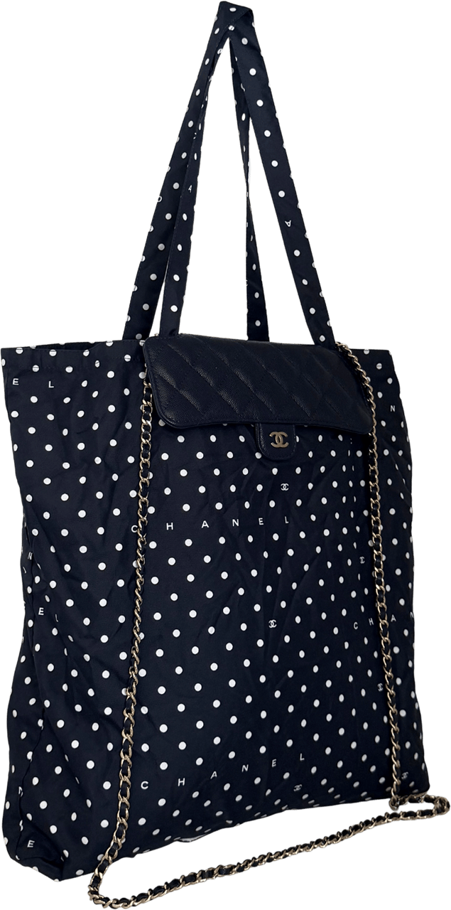 Chanel Chanel Quilted Foldable Chain Tote Bag Caviar mit Polka Dots Navyblau / neuwertig Blauw