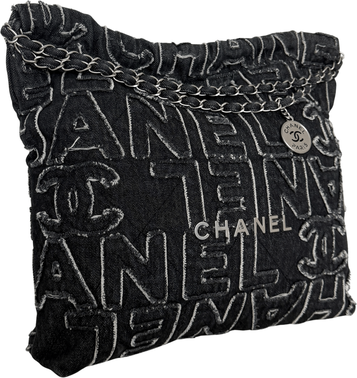 Chanel Chanel 22 mittelgroße Hobobag aus Denim Schwarz silberne Hardware / neuwertig Zwart