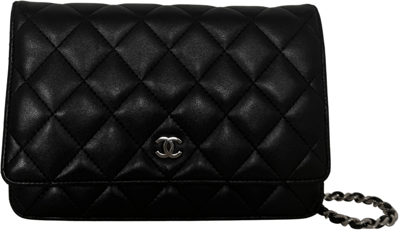 Chanel Chanel Wallet on Chain Bag, Lamb Leather, Black with Silver Hardware / very good Zwart