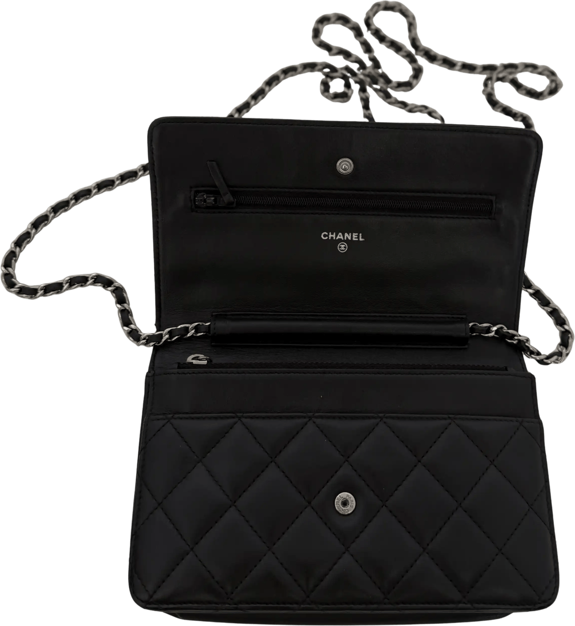 Chanel Chanel Wallet on Chain Bag, Lamb Leather, Black with Silver Hardware / very good Zwart