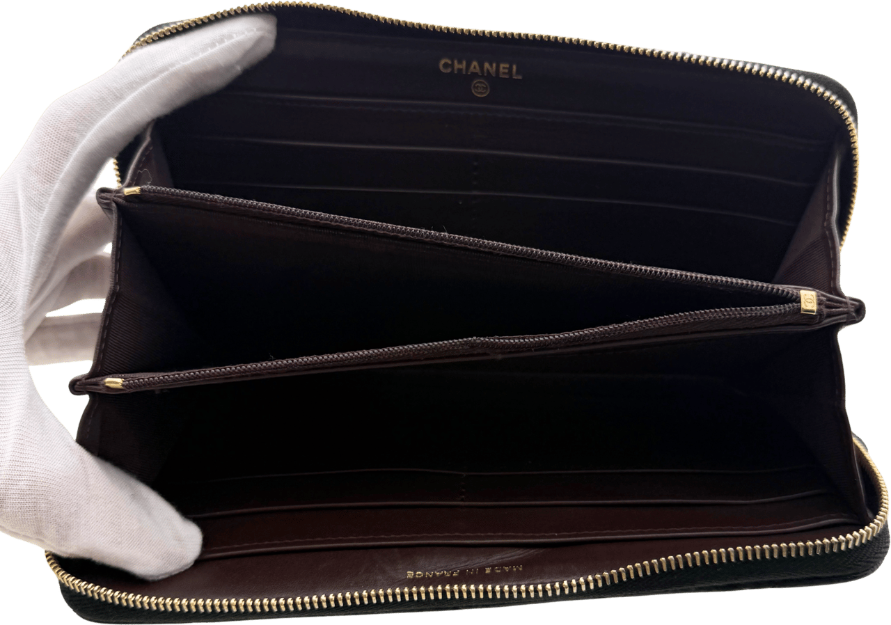 Chanel Chanel Gusset Zip Around Geldbörse Kaviarleder Schwarz / gut Zwart