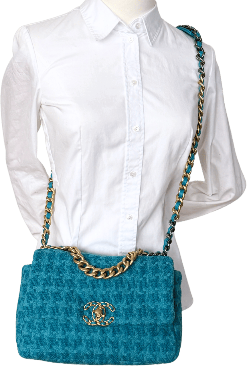 Chanel Chanel 19 Schultertasche Tweed Blau Fullset / neuwertig Blauw