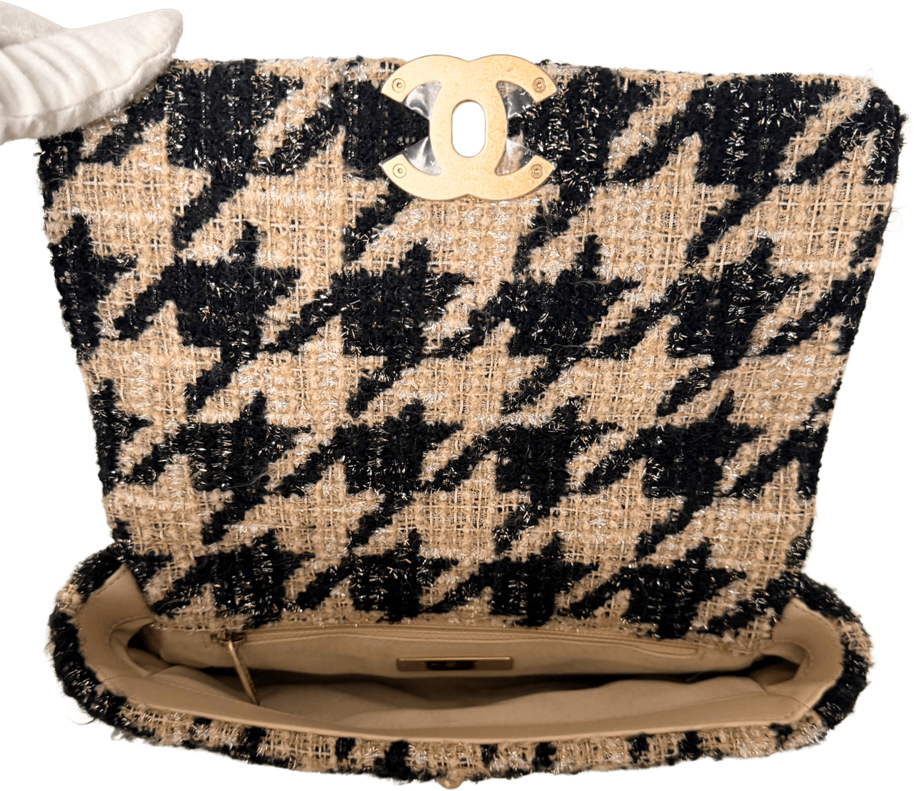 Chanel Chanel 19 Schultertasche Tweed Hahnentritt Beige Schwarz Fullset / sehr gut Beige