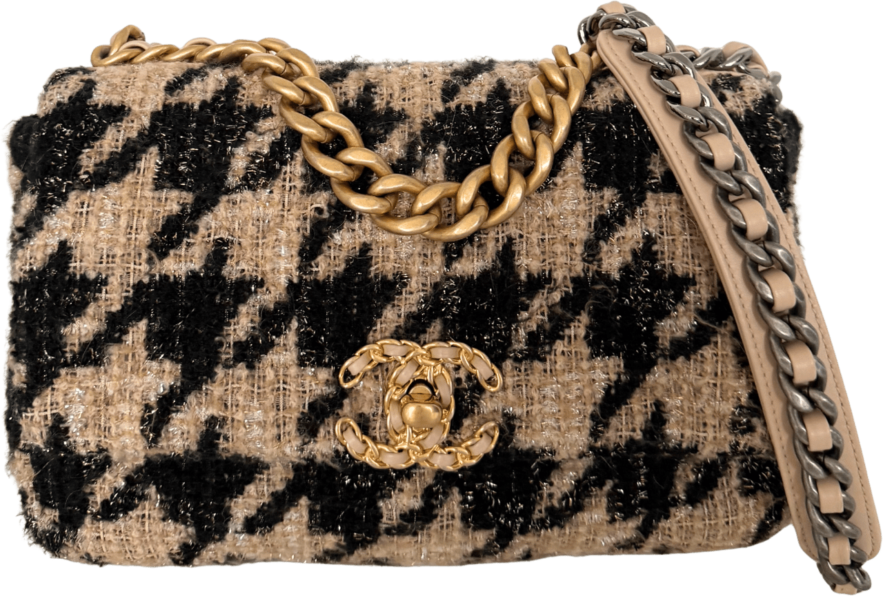 Chanel Chanel 19 Schultertasche Tweed Hahnentritt Beige Schwarz Fullset / sehr gut Beige