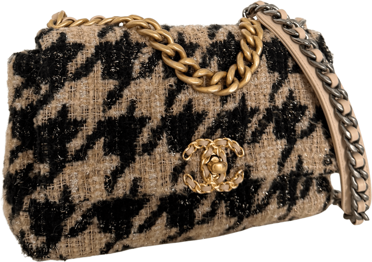 Chanel Chanel 19 Schultertasche Tweed Hahnentritt Beige Schwarz Fullset / sehr gut Beige