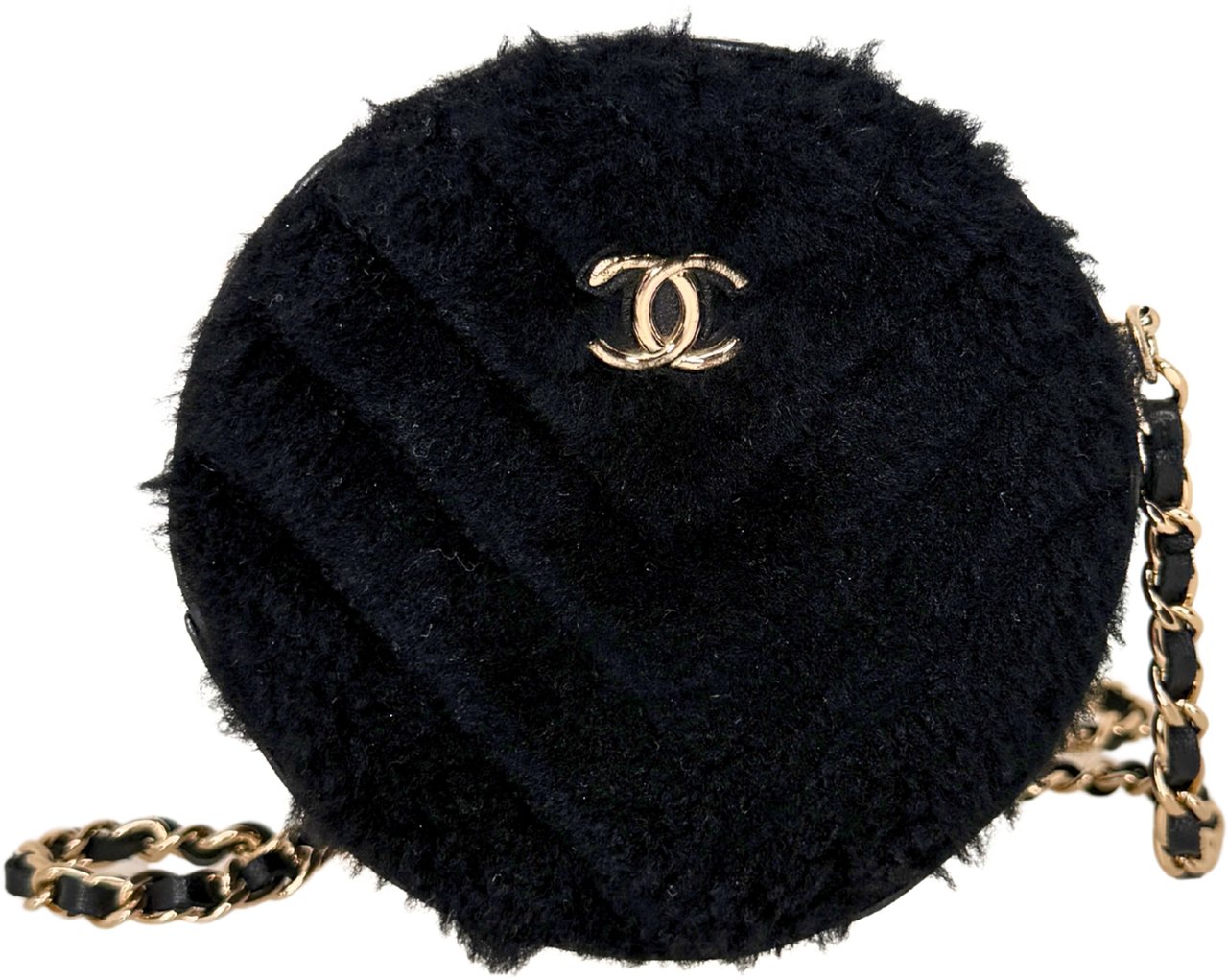 Chanel Chanel Round Clutch Chevron Shearling Mini black / very good Zwart