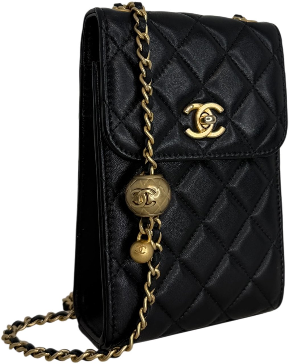 Chanel Pearl Crush Phone Holder with Chain Lammleder Schwarz Fullset / sehr gut Zwart