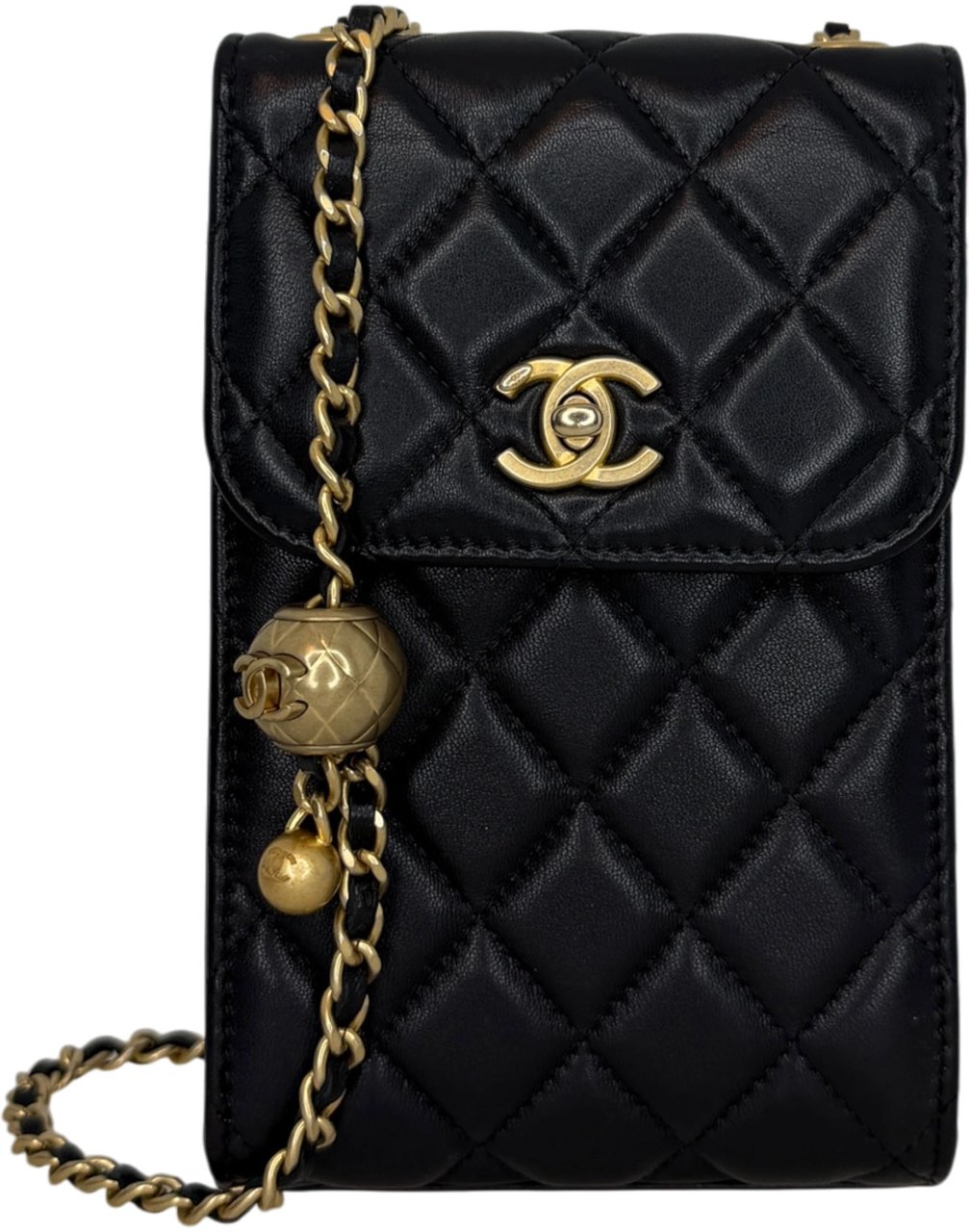 Chanel Pearl Crush Phone Holder with Chain Lammleder Schwarz Fullset / sehr gut Zwart