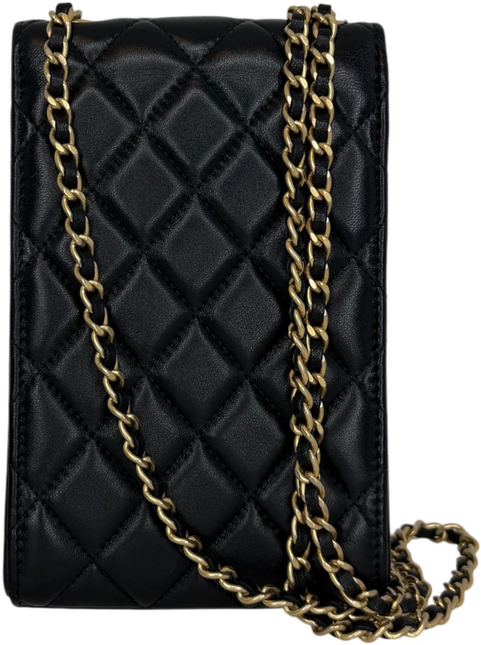Chanel Pearl Crush Phone Holder with Chain Lammleder Schwarz Fullset / sehr gut Zwart