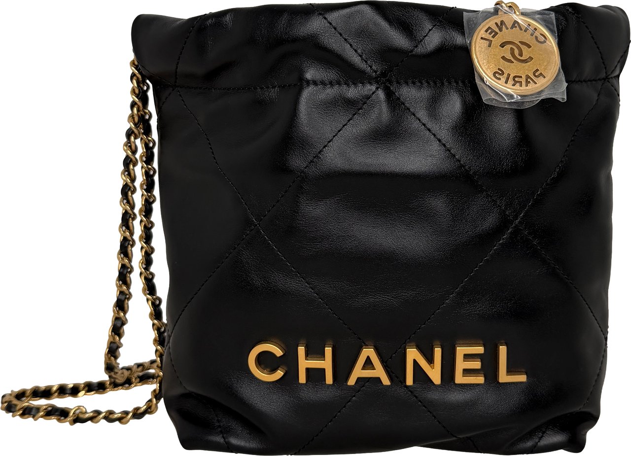 Chanel 22 klein Schwarz glänzenedes Kalbsleder GHW Fullset / neuwertig Zwart