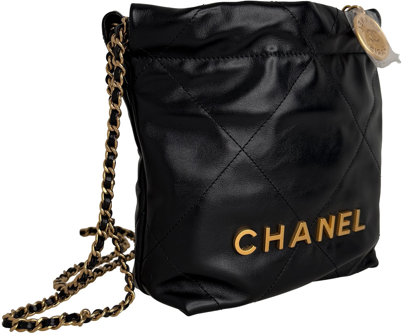 Chanel 22 klein Schwarz glänzenedes Kalbsleder GHW Fullset / neuwertig Zwart
