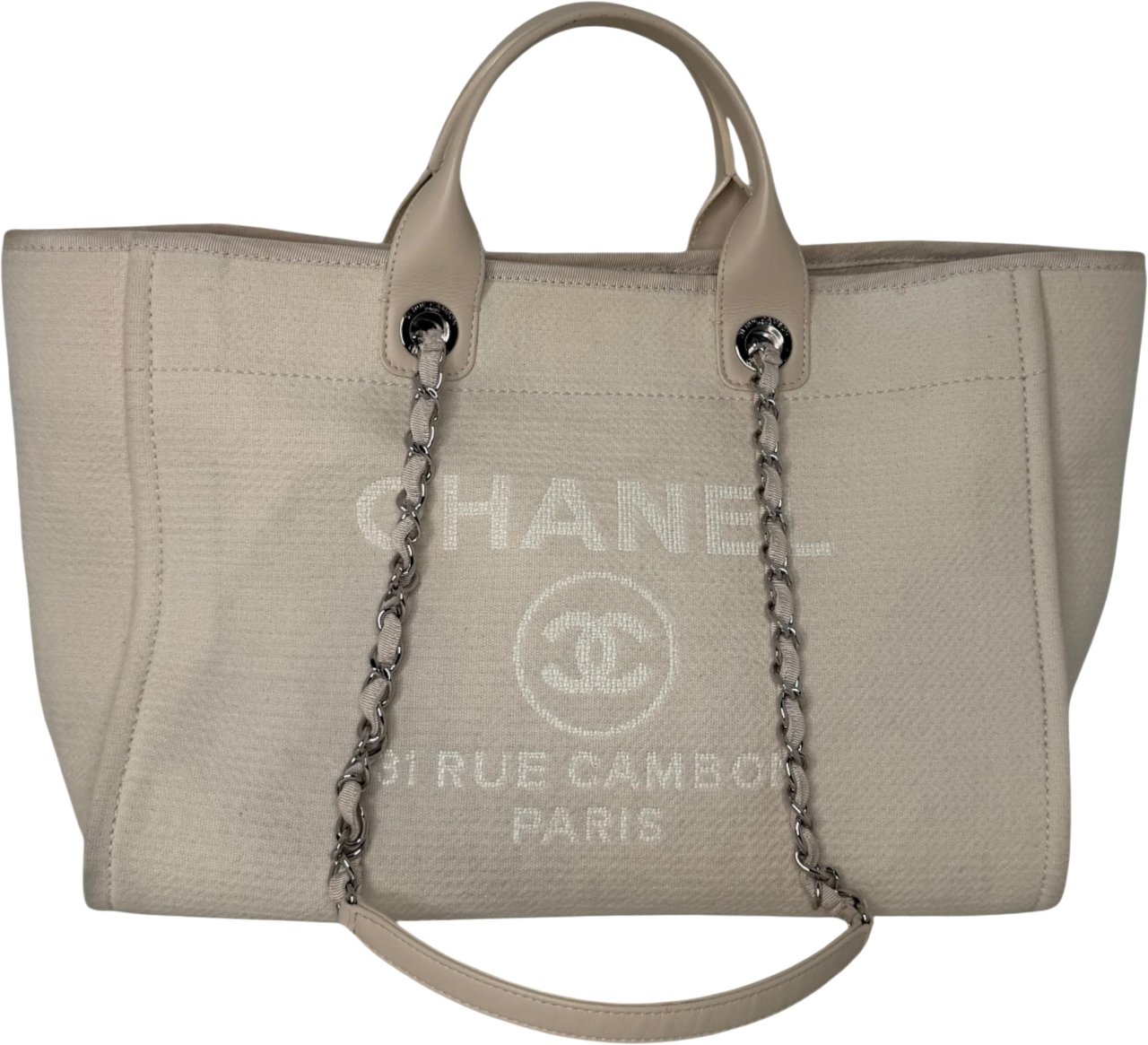 Chanel Deauville mittelgroße Tasche beige silberne Hardware 2022 Beige