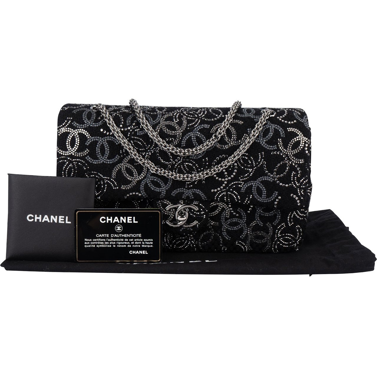 Chanel Chanel Sequin Embellished Woven CC Medium Double Flap Shoulder Bag Zwart