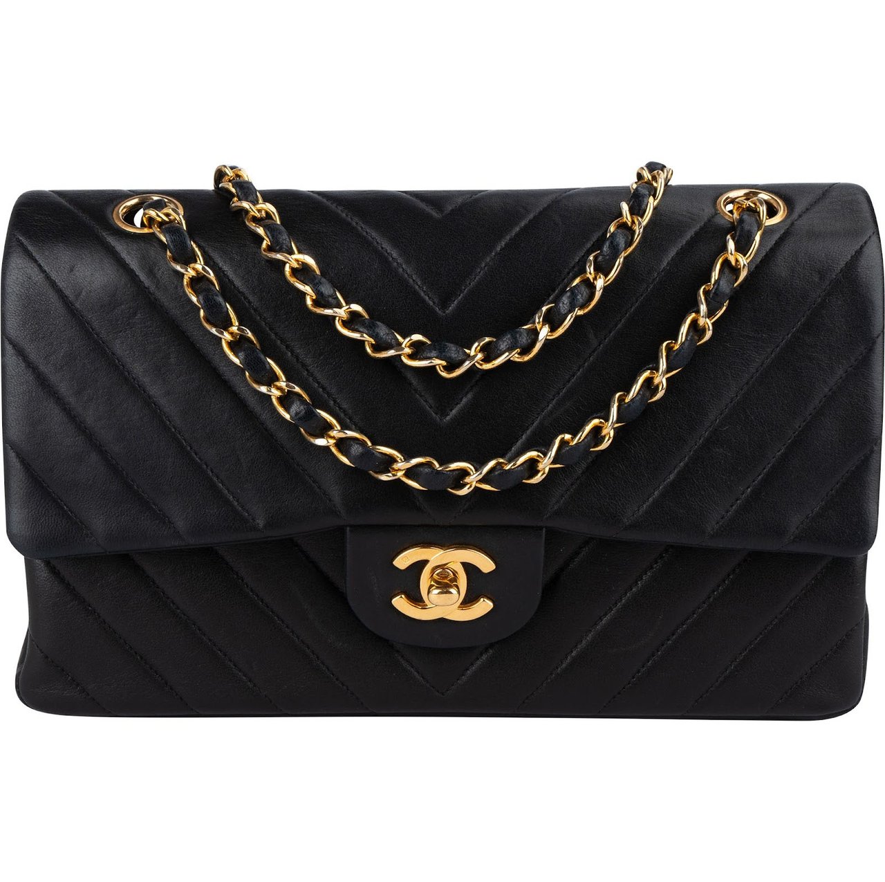 Chanel Quilted Lambskin Chevron Medium 24K Gold Double Flap Shoulder Bag Zwart