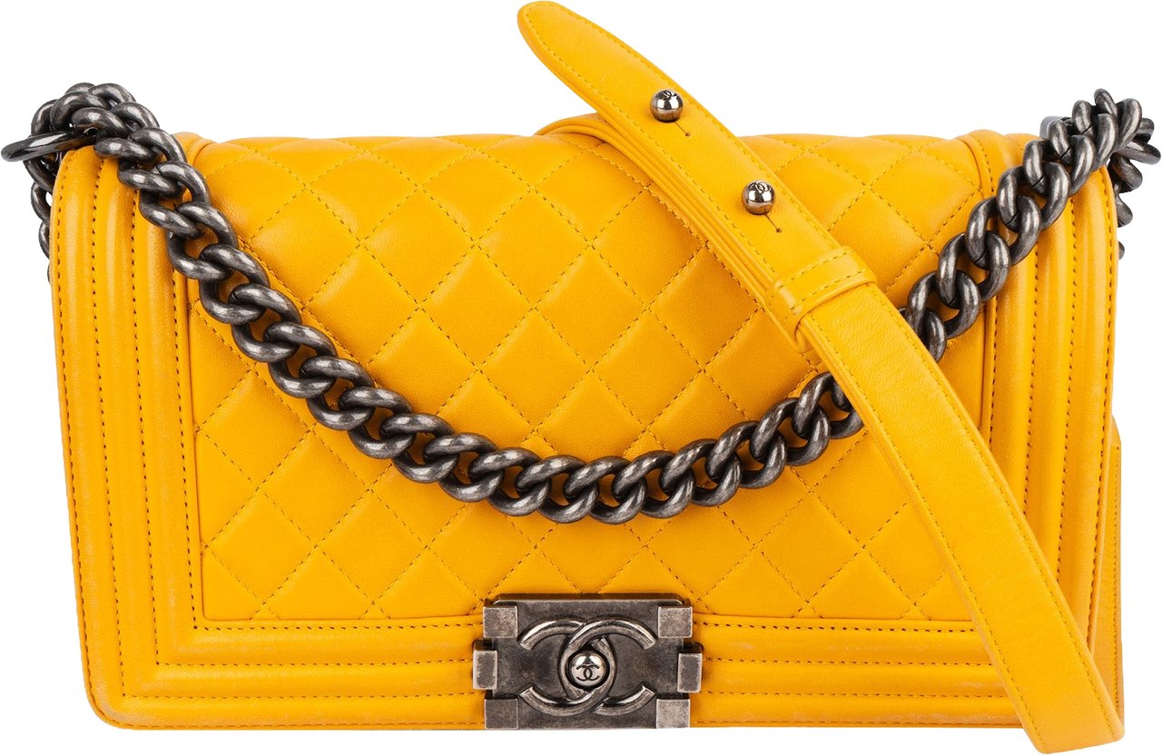 Chanel Yellow Quilted Lambskin Boy Single Flap Crossbody Bag Geel