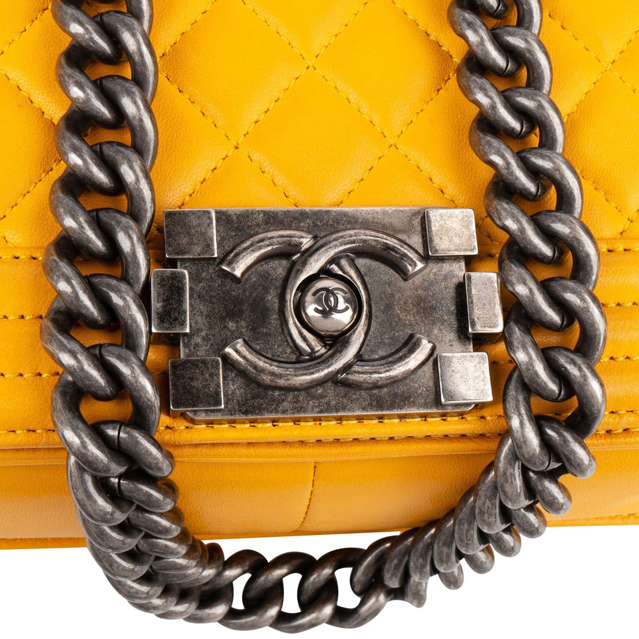 Chanel Yellow Quilted Lambskin Boy Single Flap Crossbody Bag Geel