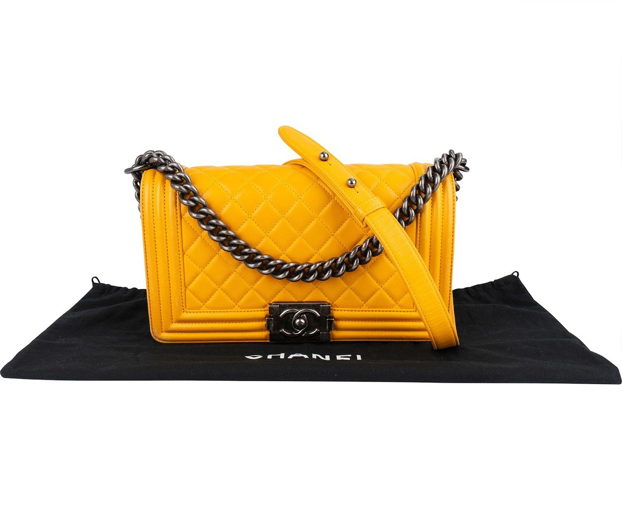 Chanel Yellow Quilted Lambskin Boy Single Flap Crossbody Bag Geel