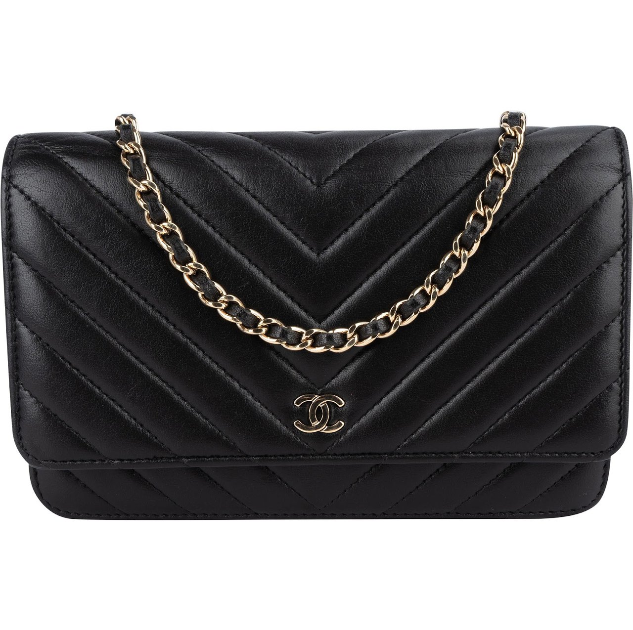 Chanel Chanel Quilted Chevron Lambskin Wallet on Chain Crossbody Bag Zwart