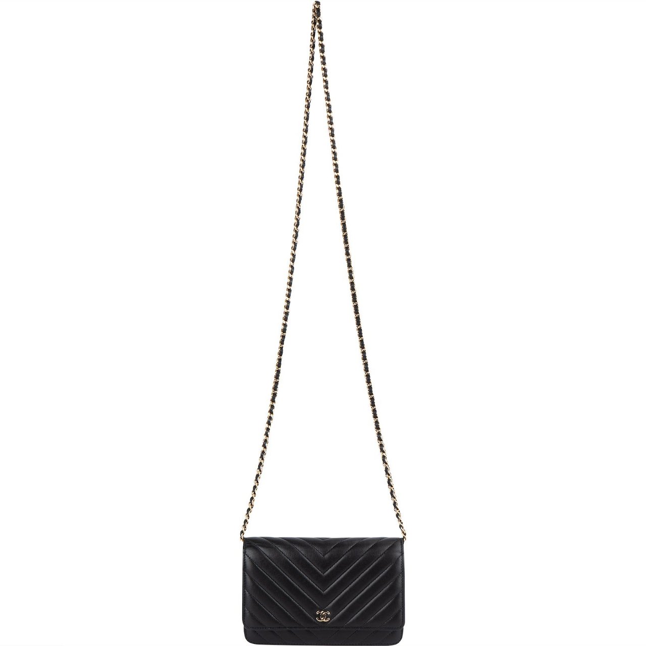 Chanel Chanel Quilted Chevron Lambskin Wallet on Chain Crossbody Bag Zwart
