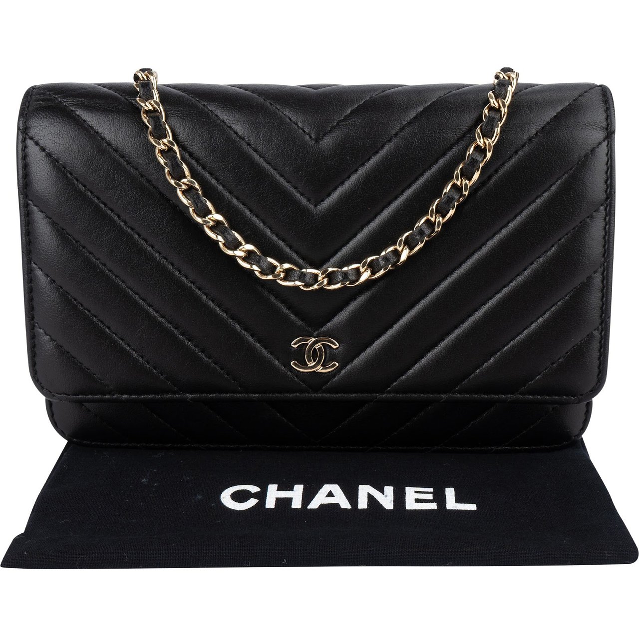 Chanel Chanel Quilted Chevron Lambskin Wallet on Chain Crossbody Bag Zwart