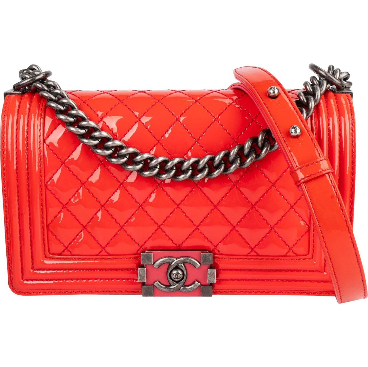Chanel Chanel Quilted Patent Leather Boy Single Flap Crossbody Bag Rood