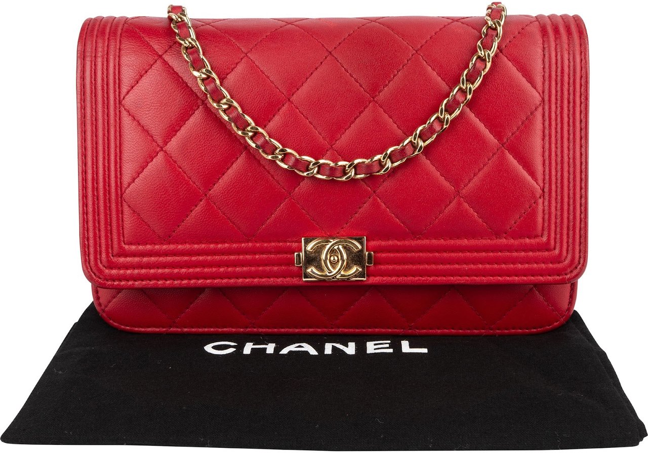 Chanel Quilted Leather Boy Wallet On Chain Crossbody Bag Rood