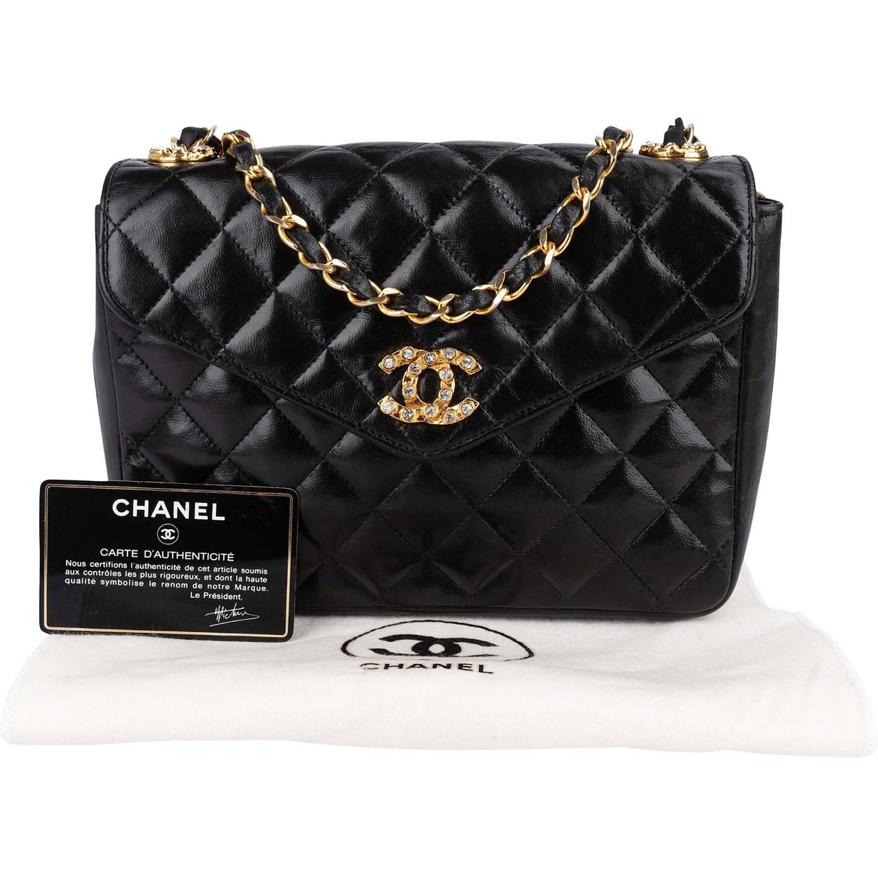 Chanel Chanel Quilted Lambskin Crystal Single Flap Crossbody Bag Zwart