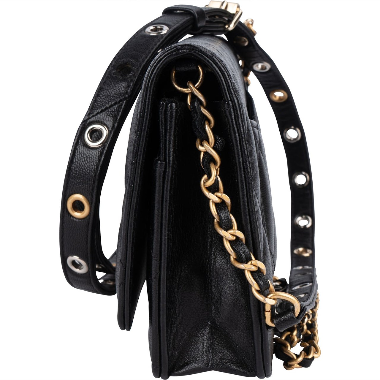 Chanel Quilted Calfskin Punk Grommet Wallet On Chain Crossbody Bag Zwart