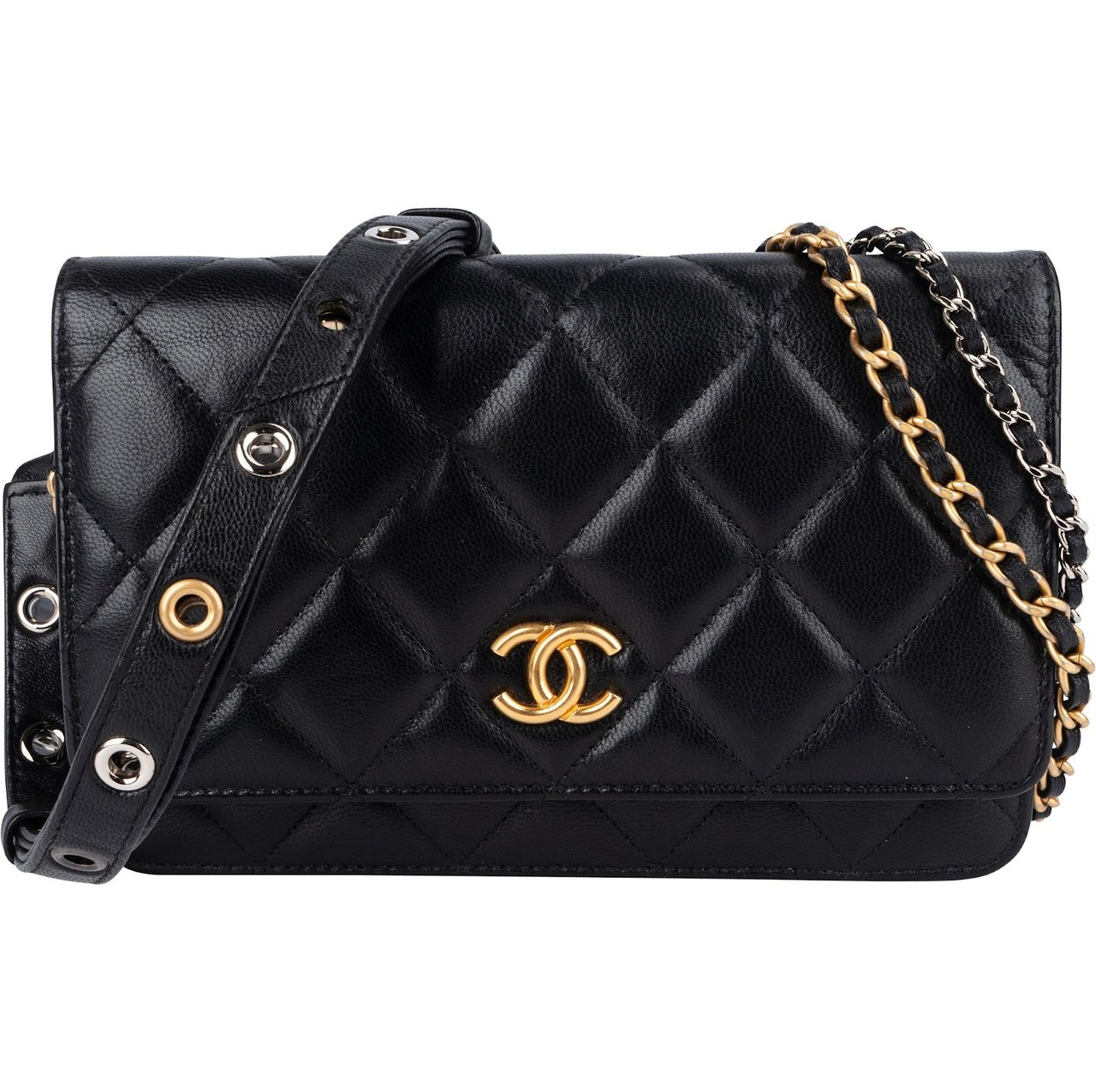 Chanel Quilted Calfskin Punk Grommet Wallet On Chain Crossbody Bag Zwart