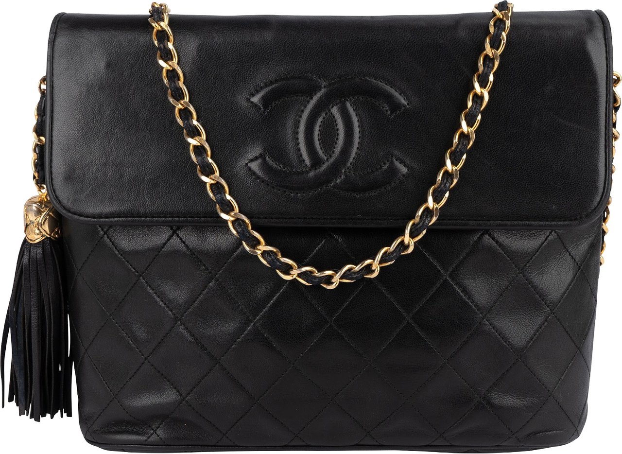 Chanel Quilted Lambskin CC Tassel Single Flap Crossbody Bag Zwart