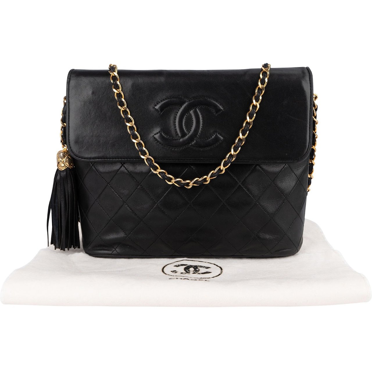 Chanel Quilted Lambskin CC Tassel Single Flap Crossbody Bag Zwart