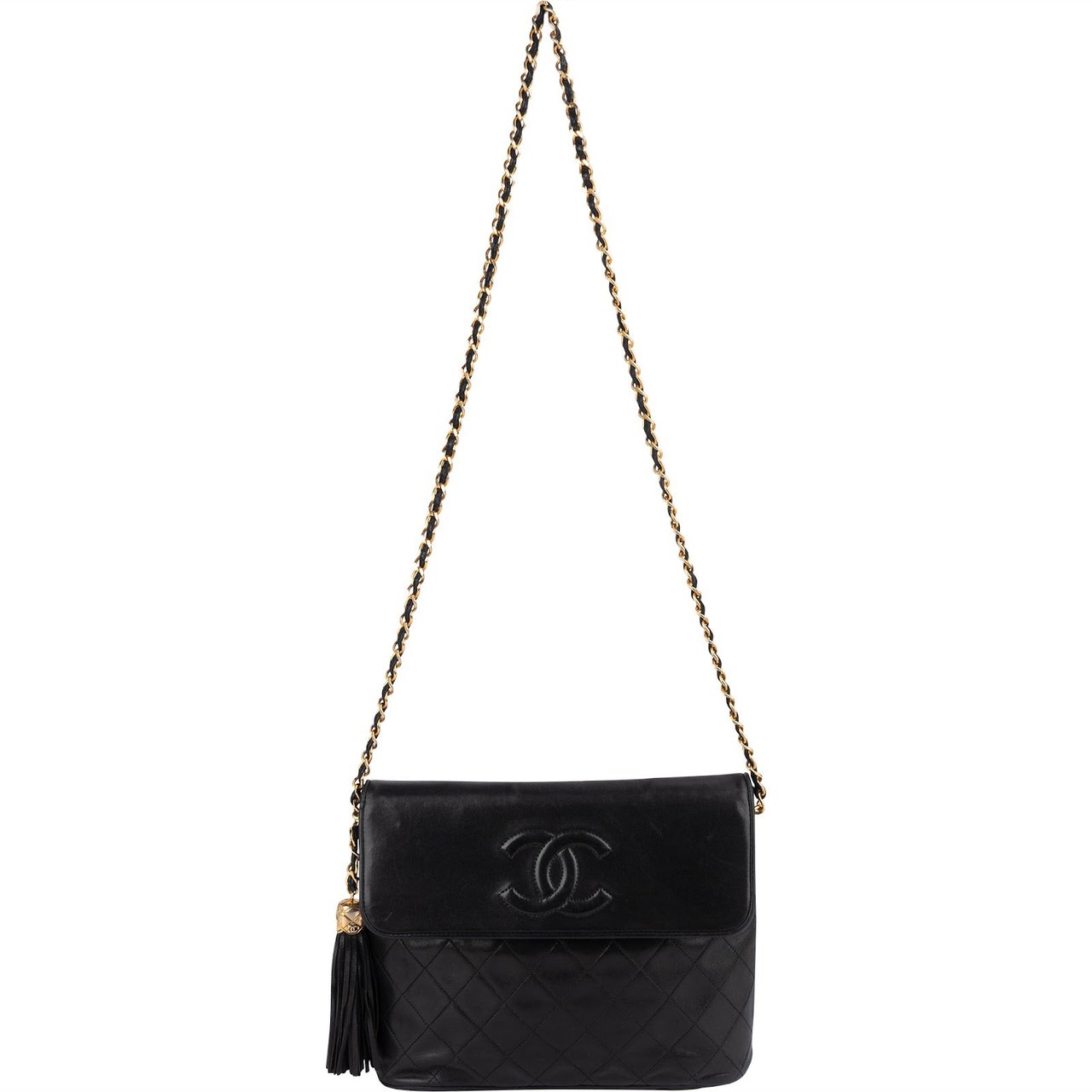 Chanel Quilted Lambskin CC Tassel Single Flap Crossbody Bag Zwart